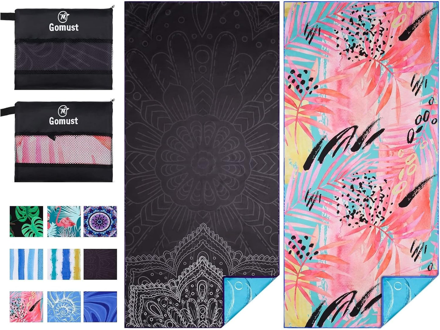 2 Pack Lightweight Thin Beach Towel Oversized 71"x32" Big Extra Large Microfiber Sand Free Towels for Adult Quick Dry Travel Camping Beach Accessories Vacation Essential Gift Black Mandala Pink Leaf