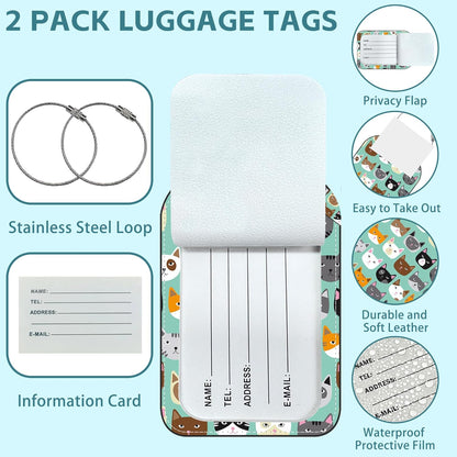 Cute Cat Animal Prints Luggage Tag for Suitcase Set of 2 PU Leather Cute Luggage Tags with Stainless Metal Loop ID Label Privacy Flap Suitcase Tags for Women and Men Travel