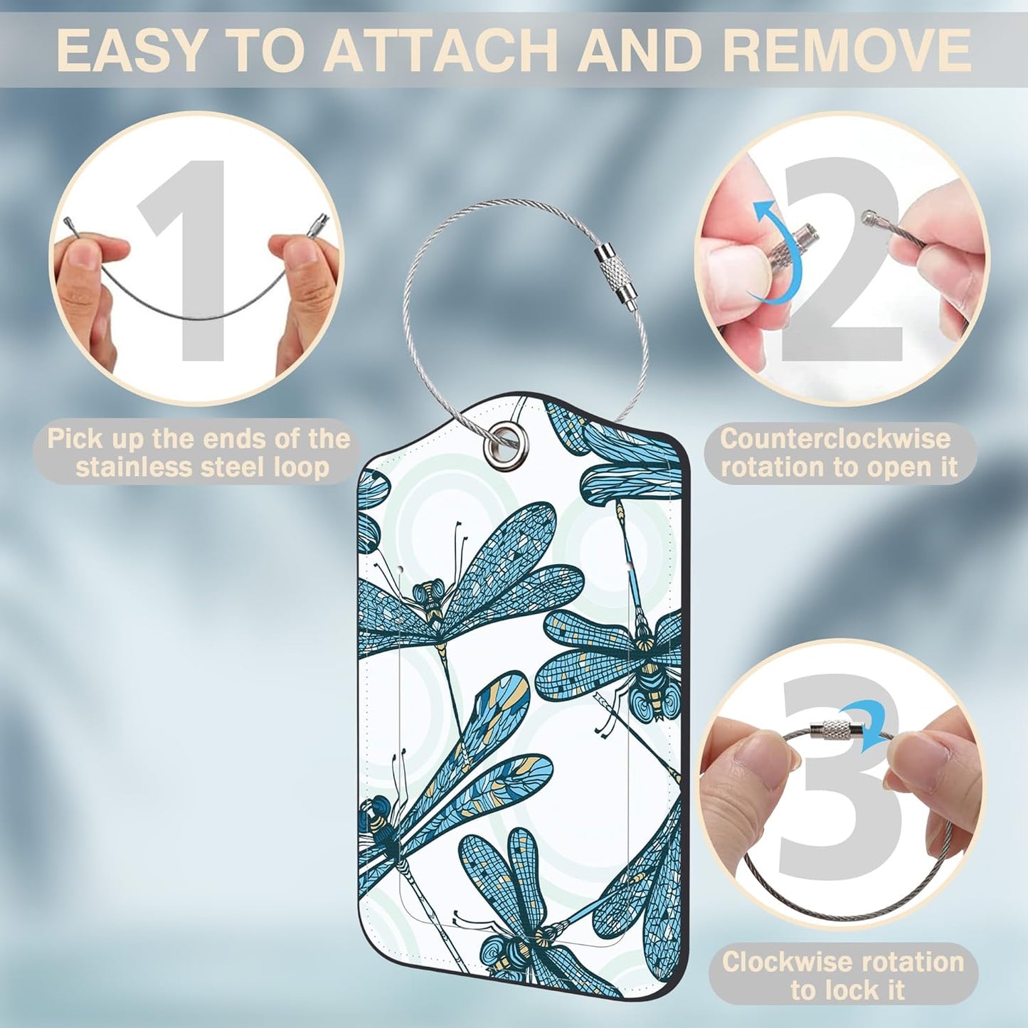 2 Pack Luggage Tags for Suitcases Vintage Blue Dragonflies Leather Luggage Tags Privacy Cover ID Label with Stainless Steel Loop and Address Card for Women Men Travel Bag Backpack