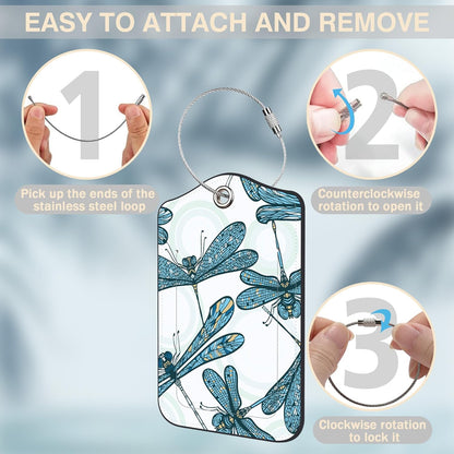 2 Pack Luggage Tags for Suitcases Vintage Blue Dragonflies Leather Luggage Tags Privacy Cover ID Label with Stainless Steel Loop and Address Card for Women Men Travel Bag Backpack