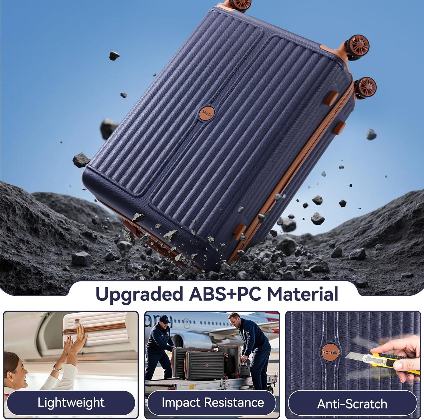 Hoteel 3 Piece Luggage Set with Spinner Wheels (4-YEAR WARRANTY), Carry on Luggage for Travel with TSA Lock, Hardshell ABS+PC Suitcase Set, 20" Suitcase + Expandable Duffel Bag+Cosmetic Bag(Dark Blue)