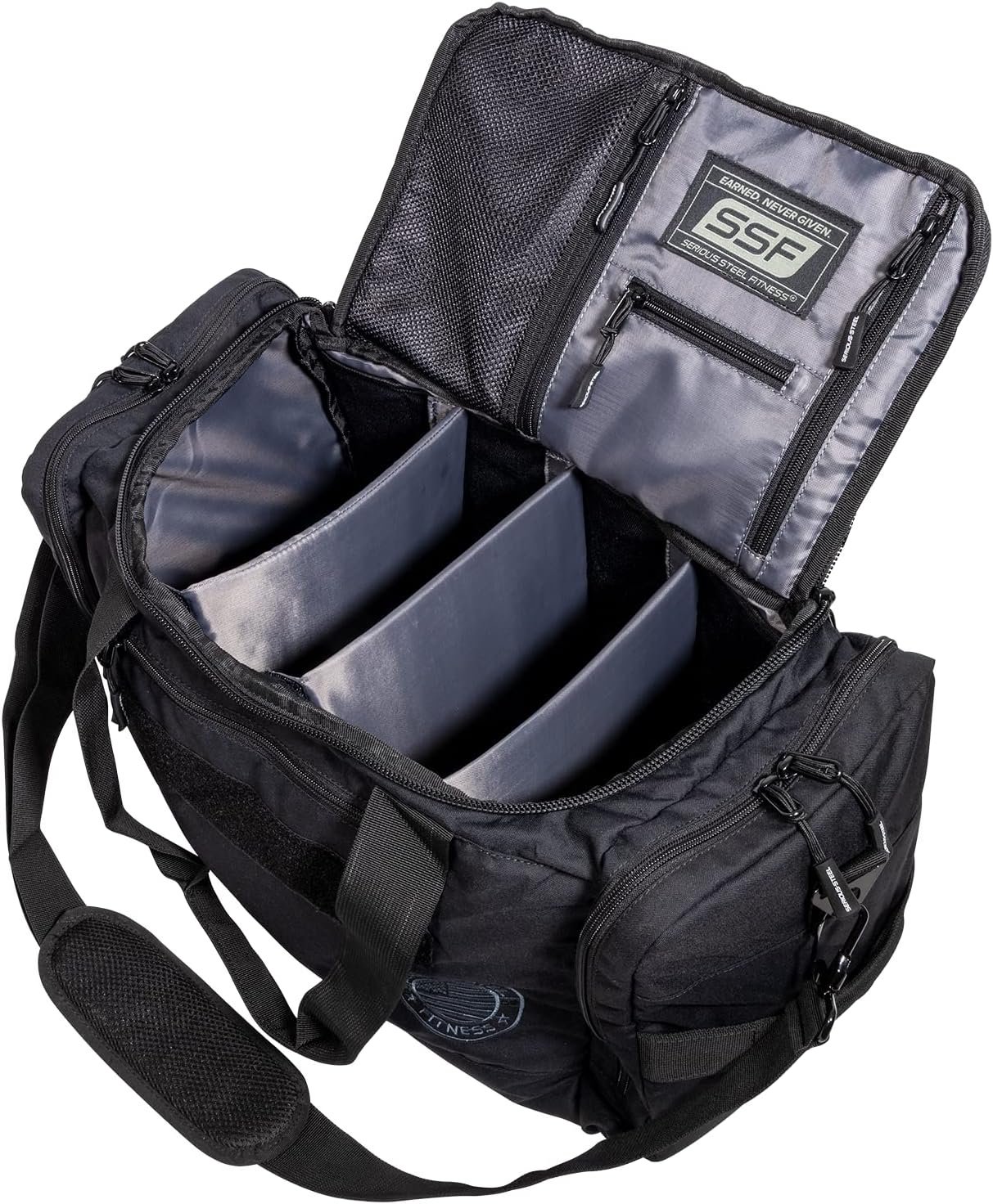 Serious Steel Fitness Gym Bag With Moveable & Removable Dividers Made from 1000D Nylon (Utility Duffel - Black)