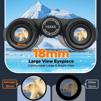 Adorrgon 15x45 HD Binoculars for Adults High Powered with Phone Adapter, Tripod and Tripod Adapter - Large View Binoculars with Clear Low Light Vision for Bird Watching Cruise Travel
