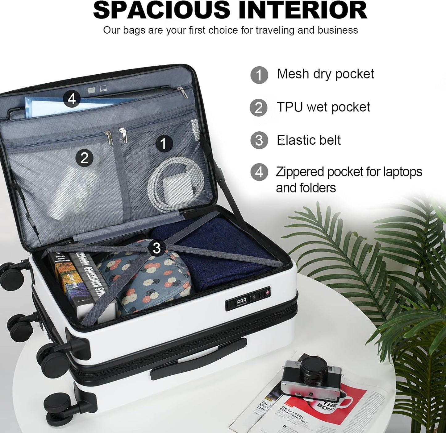 KROSER Carry On Luggage with Spinner Wheels & Built-in TSA Lock, Expandable Top Loading Hard Shell Suitcase Large Capacity Durable Rolling Luggage with USB Port, Carry-On 20-Inch, White