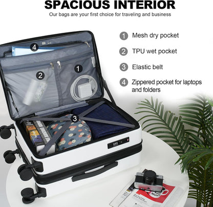 KROSER Carry On Luggage with Spinner Wheels & Built-in TSA Lock, Expandable Top Loading Hard Shell Suitcase Large Capacity Durable Rolling Luggage with USB Port, Carry-On 20-Inch, White