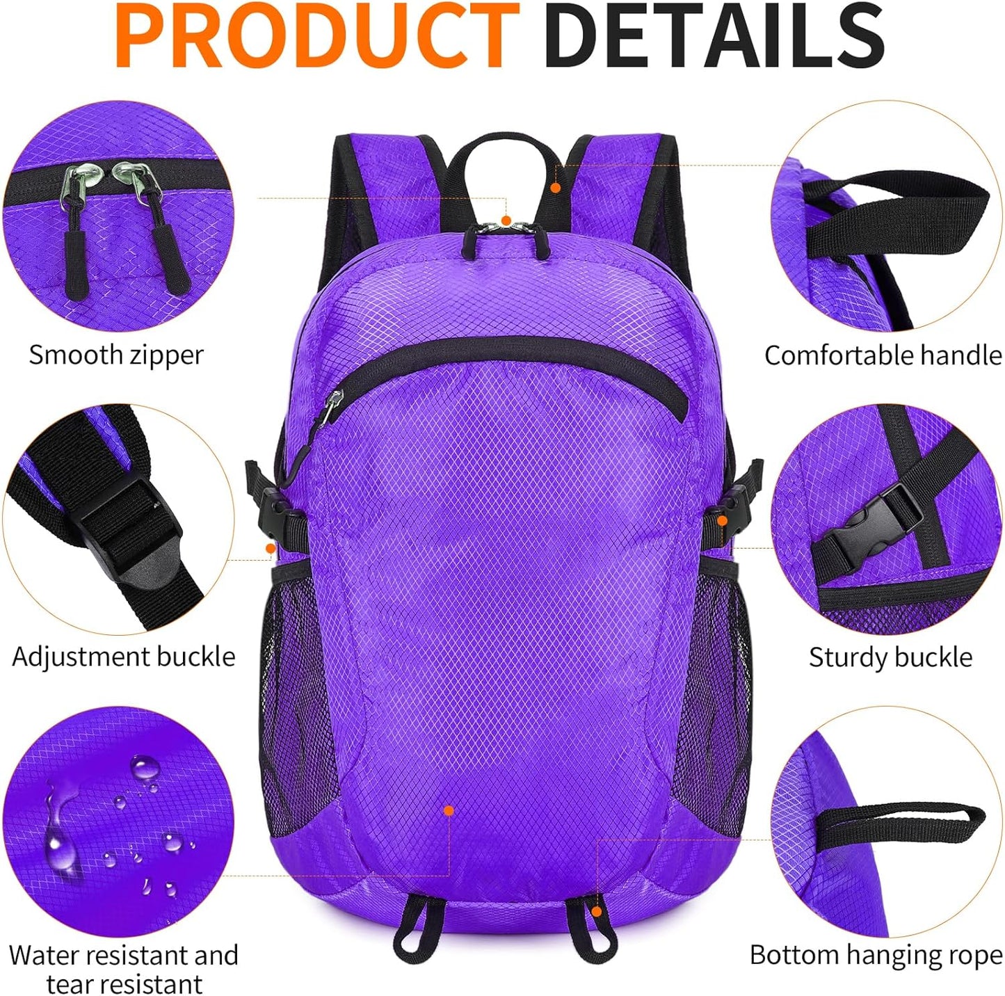 Small Hiking Daypack,15L Water-Resistant Hiking Backpack Packable Lightweight Travel Day Pack for Women Men (Purple, Small)