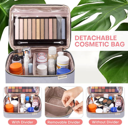 Large Makeup Bag with Mirror Double Layer Travel Make Up Organizer Case, Large Capacity Coemetic with Brush Slot Divider, Travel Toiletry Bag for Women (Grey)