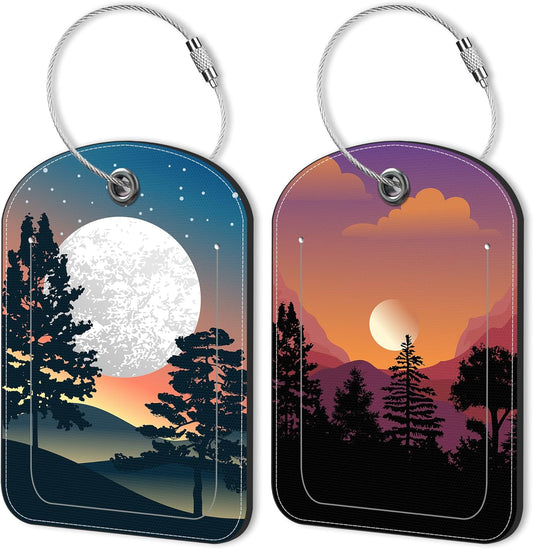 Abstract Mountain Forest Moon Leather Luggage Tag for Suitcase 2 Pack Luggage Tag with Privacy Name ID Label and Stainless Steel Loop for Travel Bag Suitcase