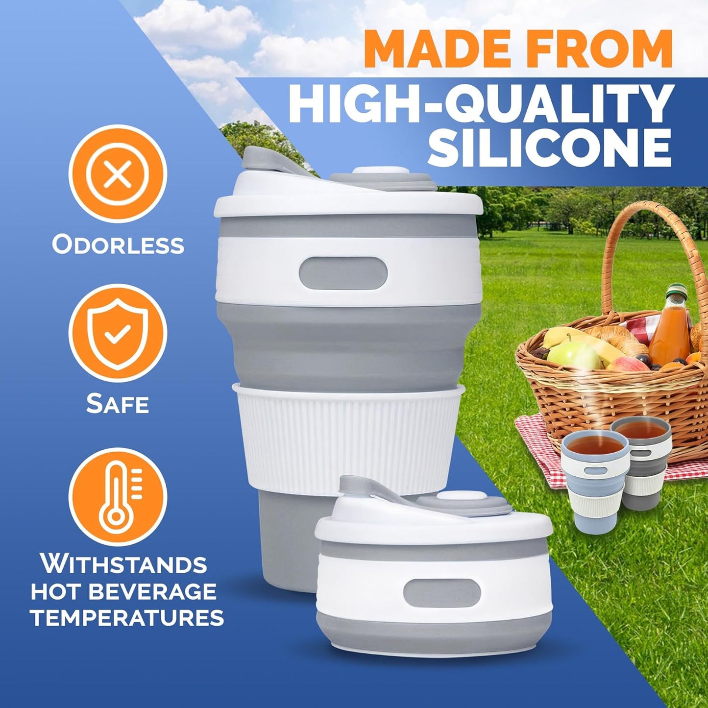 2-Pack Collapsible Coffee Cup Reusable – 12oz Leakproof Travel Coffee Mug, Silicone, Foldable & Portable for Hiking, Camping, Office | Lightweight, Heat-Resistant, Easy to Clean, Outdoor & Travel Cup