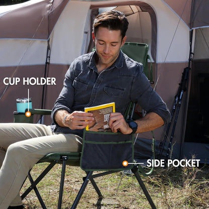 PORTAL Oversized Folding High Back Portable Lawn Chairs for Adults Outdoor Camp Sports Hunting Fishing Backyard with Hard Armrest Cup Holder Carrying Strap, Supports 400LBS, Green