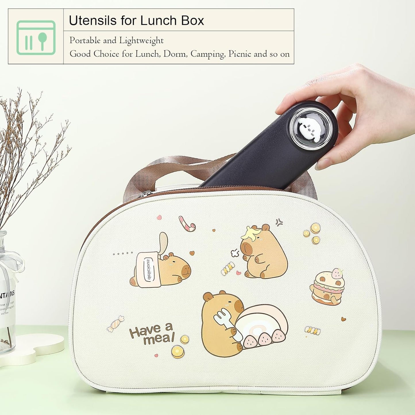 DEVICO Travel Utensils with Case Cute, Reusable Silverware for Lunch, Portable Cutlery Set, 18/8 Stainless Steel Fork Spoon Chopsticks in Cartoon Case, Dishwasher Safe (Black)