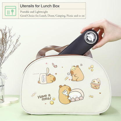 DEVICO Travel Utensils with Case Cute, Reusable Silverware for Lunch, Portable Cutlery Set, 18/8 Stainless Steel Fork Spoon Chopsticks in Cartoon Case, Dishwasher Safe (Black)