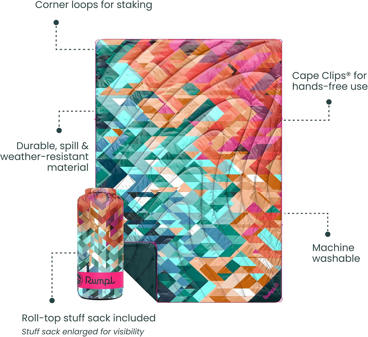 Rumpl Original Puffy Blanket - Warm, Water-Resistant Camping Blanket with 100% Recycled Synthetic Insulation, 52"x75", Original Puffy V2, Geo Cool