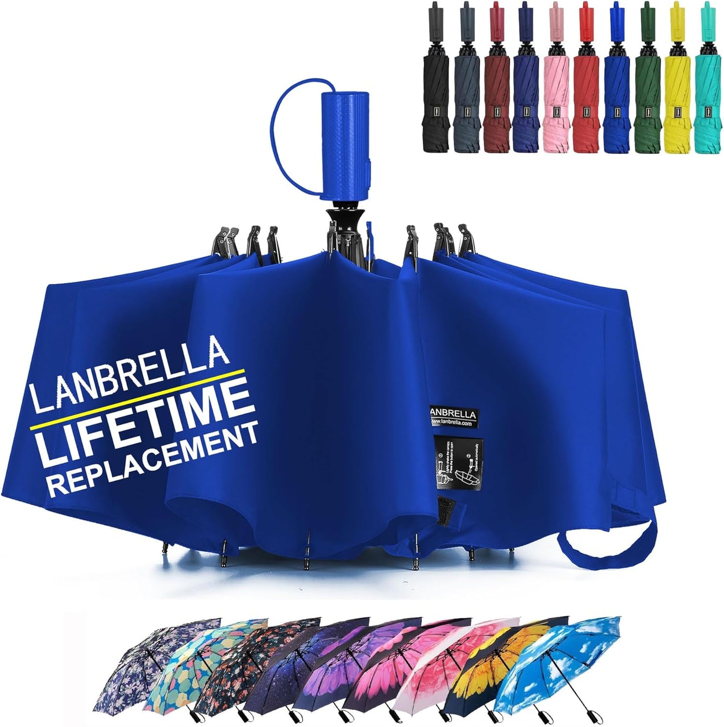 LANBRELLA Compact Reverse Folding Umbrella Auto Windproof Travel Umbrella