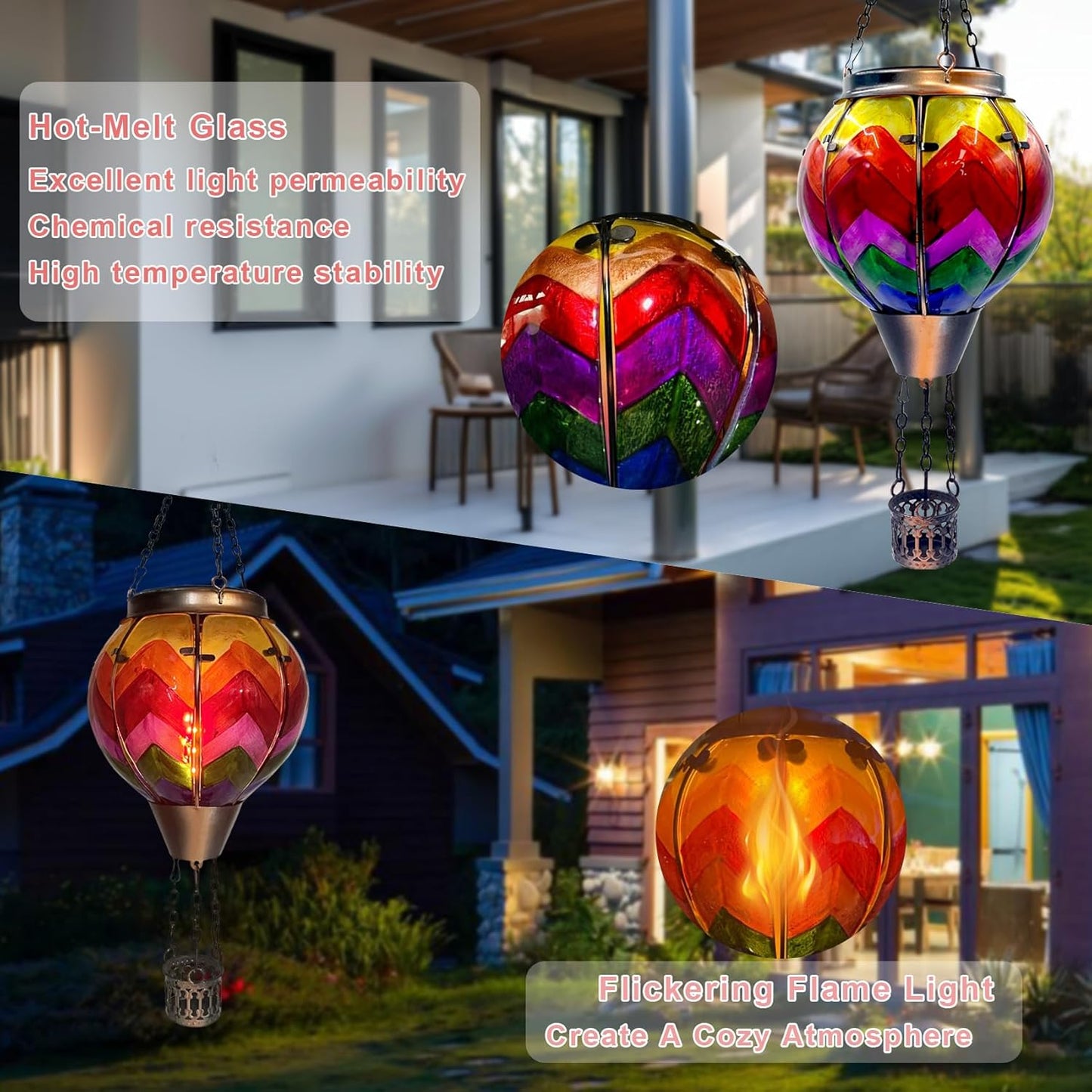 Hot Air Balloon Solar Lantern with Flickering Flame Light Glass Hanging Solar Lanterns Outdoor Waterproof for Garden Tree Yard Patio Party Decor, Color-Wave