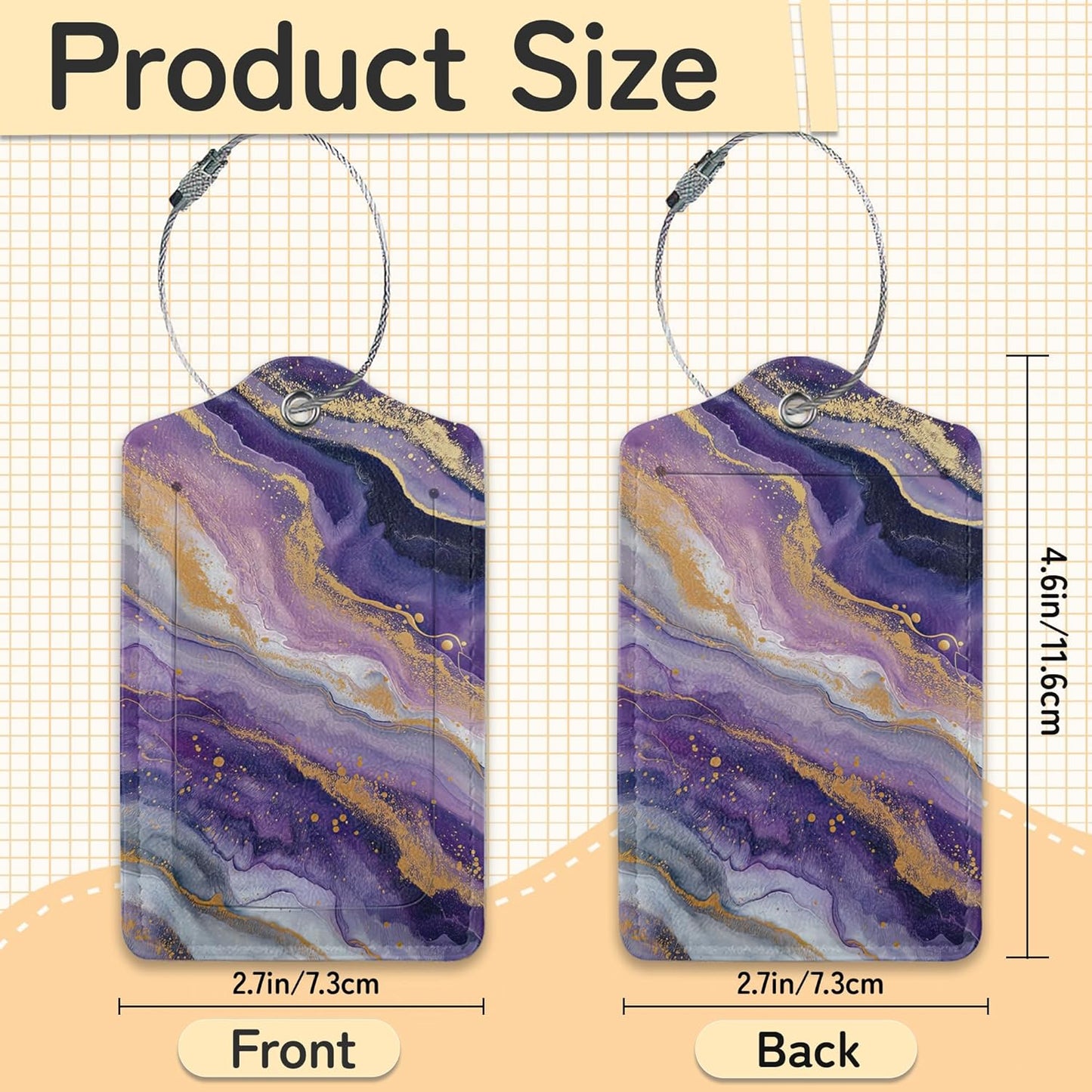 3 Pack PU Leahter Abstract Marble Liquild Luggage Tag with Stainless Steel Loop,Colorful Travel Suitcase Labels with Privacy Cover ID Label Quickly Spot for Bags