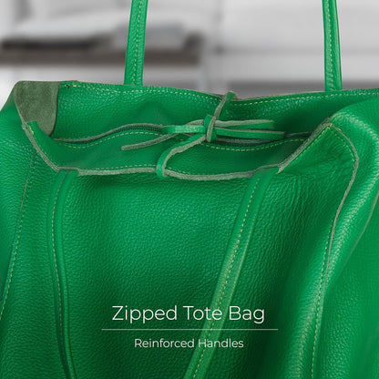 Italian Calf Leather Tote for Women with Zipper, Inner Pocket & Flat Base | Soft Unlined Shopper for Work & Travel