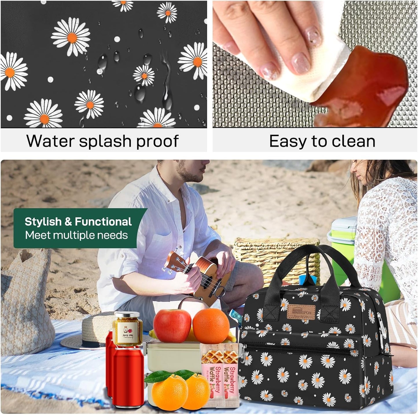 HOMESPON Insulated Lunch Bag for Women Men Lunch Box Cooler Lunch Tote for Work Picnic (Daisy)