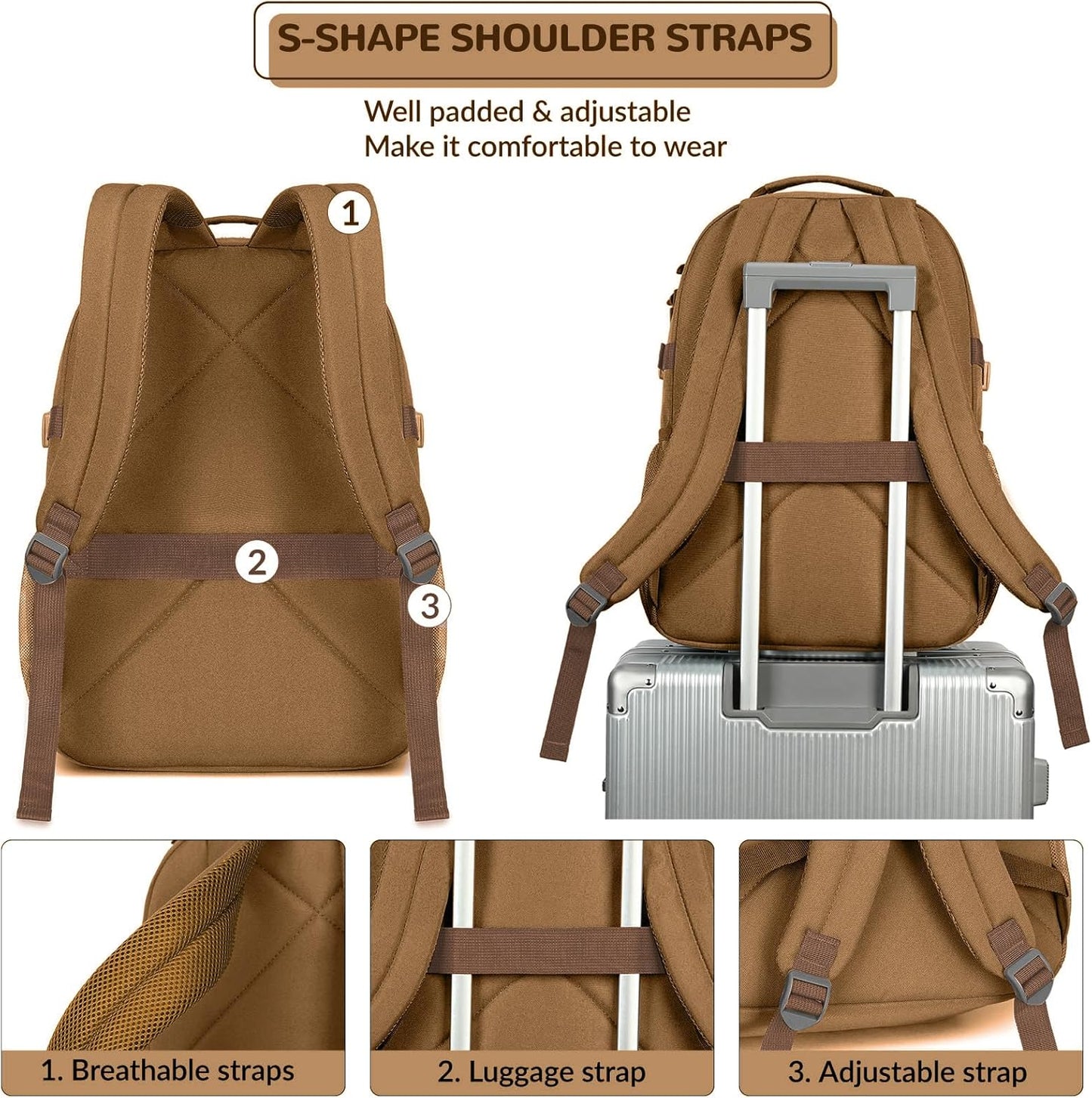 Lohol Water Resistant Daypack with Mulitiple Pockets for Travel Outdoor College, 15.6 inch Laptop Backpack for Men and Women (Brown)