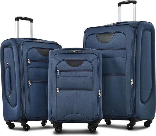 Merax Softside Luggage Set Softshell Lightweight 3 Piece Spinner Suitcase 22" 26" 30" Deep Blue