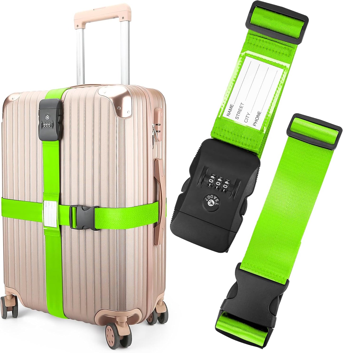 Luggage Straps, Green TSA Approved Luggage Strap Belt with Combination Lock for Suitcases, 2 Pack Adjustable Heavy Duty Cross Suitcase Straps with Name Tags for Travel, Carry On Bags, Protect Luggage
