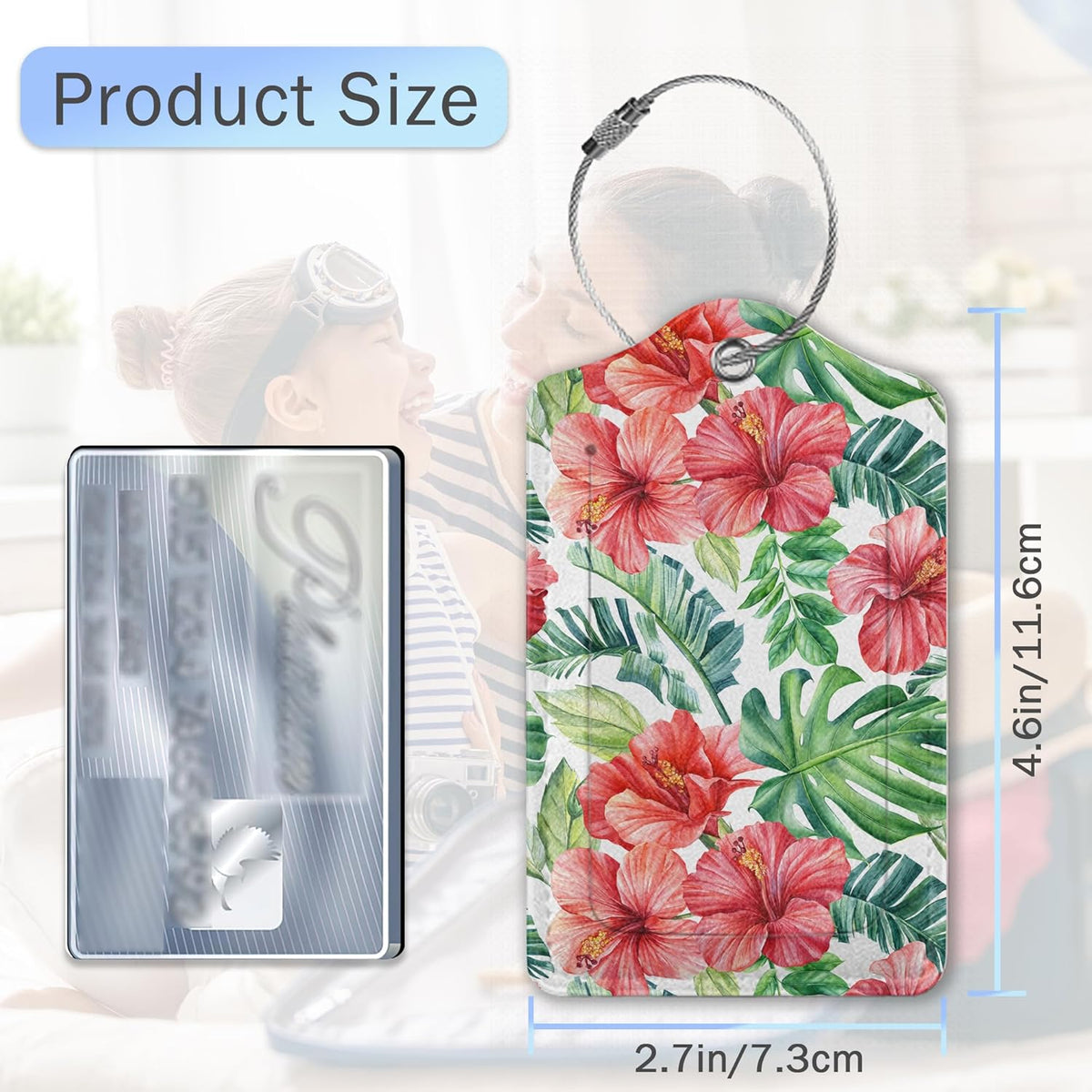 Tropical Palm Leaves Luggage Tags for Suitcase,Hibiscus Flowers Luggage Tags of Set 2 Leather Identifiers Privacy Cover with Stainless Steel Loop for Women Men Travel Bag Suitcase
