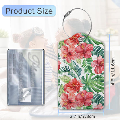 Tropical Palm Leaves Luggage Tags for Suitcase,Hibiscus Flowers Luggage Tags of Set 2 Leather Identifiers Privacy Cover with Stainless Steel Loop for Women Men Travel Bag Suitcase