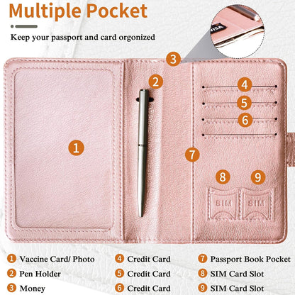 TIGARI Passport Holder for Travel Women Men, PU Leather Waterproof RFID Passport Holder Wallet Cover Case Sleeve, Family Vacation Plane Cruise Travel Document Organizer Essentials-Pink