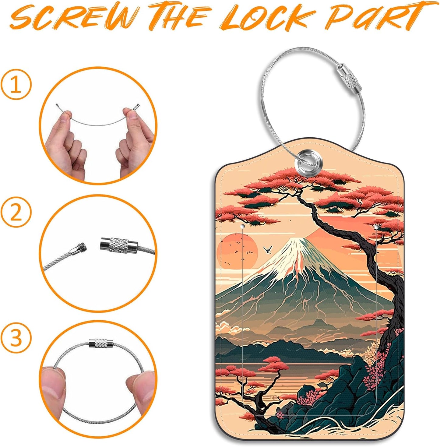 2 Pack Luggage Tag for Suitcase Japanese Mount Fuji and Sea Leather Travel Cruise Luggage Tag with Stainless Steel Loop Name ID Label Privacy Cover for Adults Teens Travel Bag Labels Set