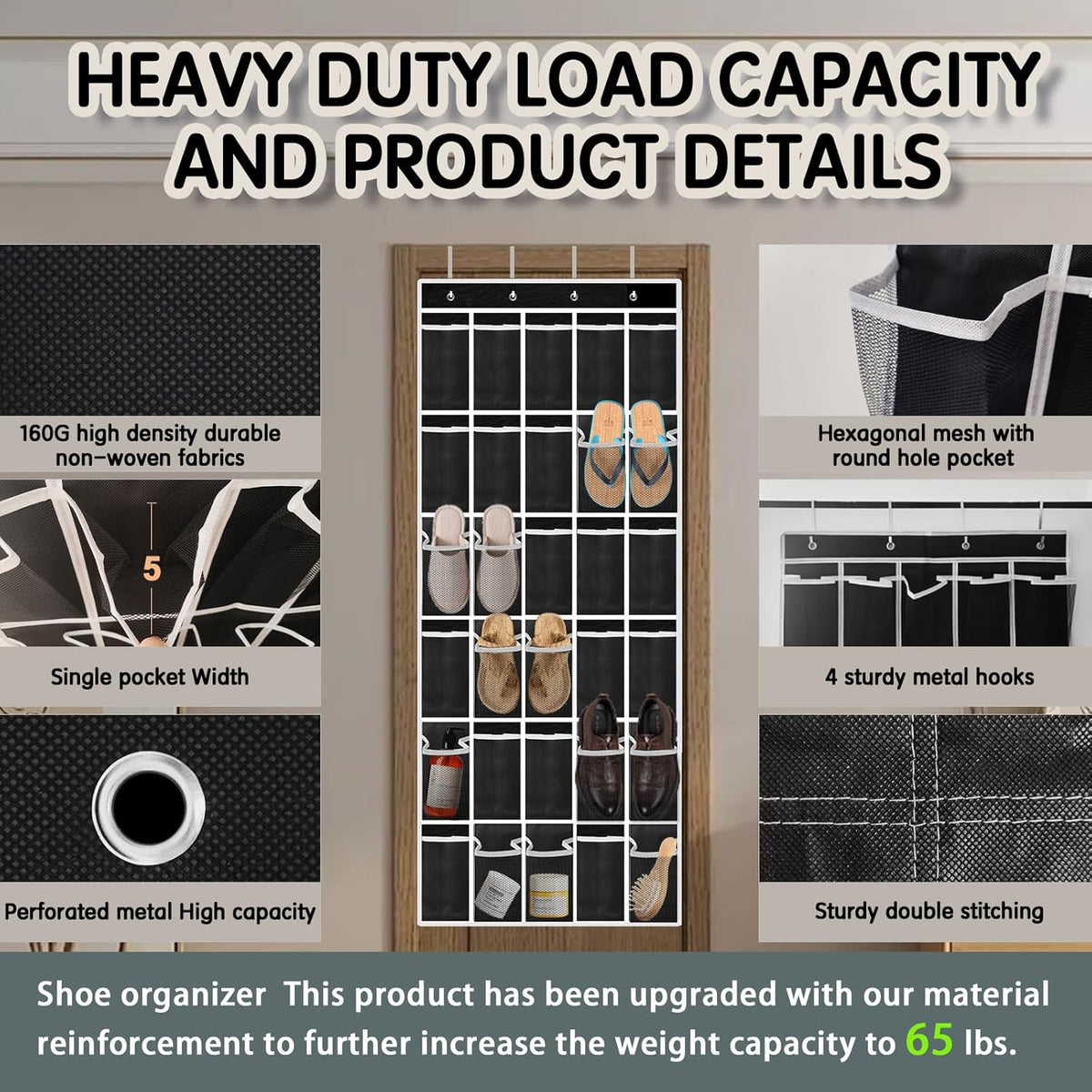 Over the Door Shoe Organizer with 30 Breathable Mesh Pockets - Large Capacity Closet Storage for Men & Women, Hanging Shoe Rack Organizer (Solid black)