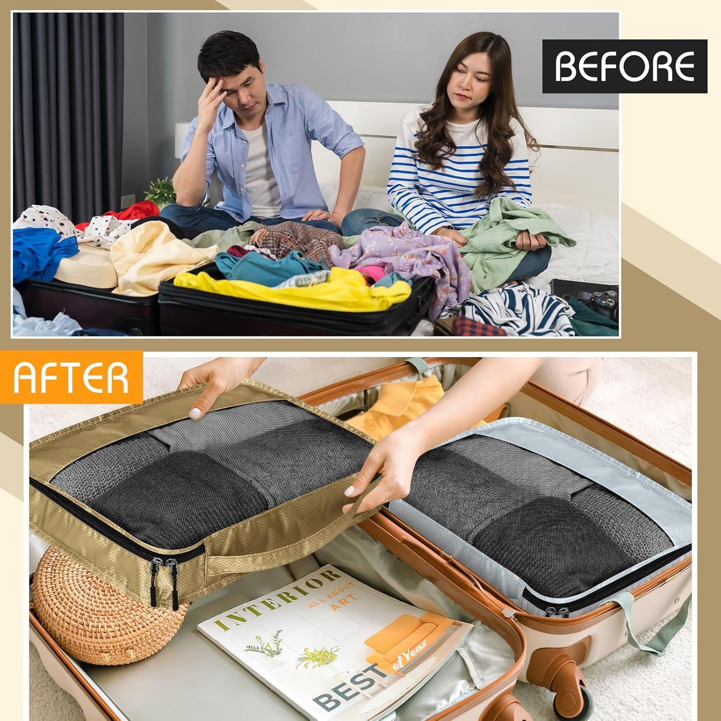 5 Pcs Packing Cubes for Suitcase Large Travel Cubes Carry on Luggage Organizer Bags for Clothes Accessories(M,Apricot)