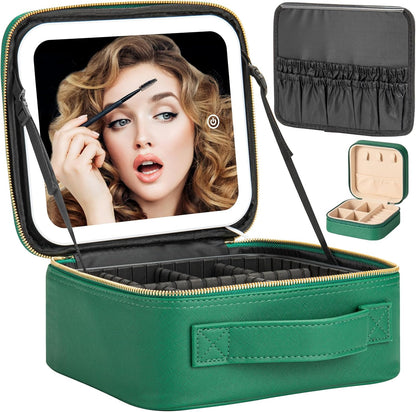 Makeup Travel Train Case with Mirror LED Light 3 Adjustable Brightness Large Cosmetic Bag Portable Storage Adjustable Partition Waterproof Makeup Brushes Make up Jewelry Gift for Women