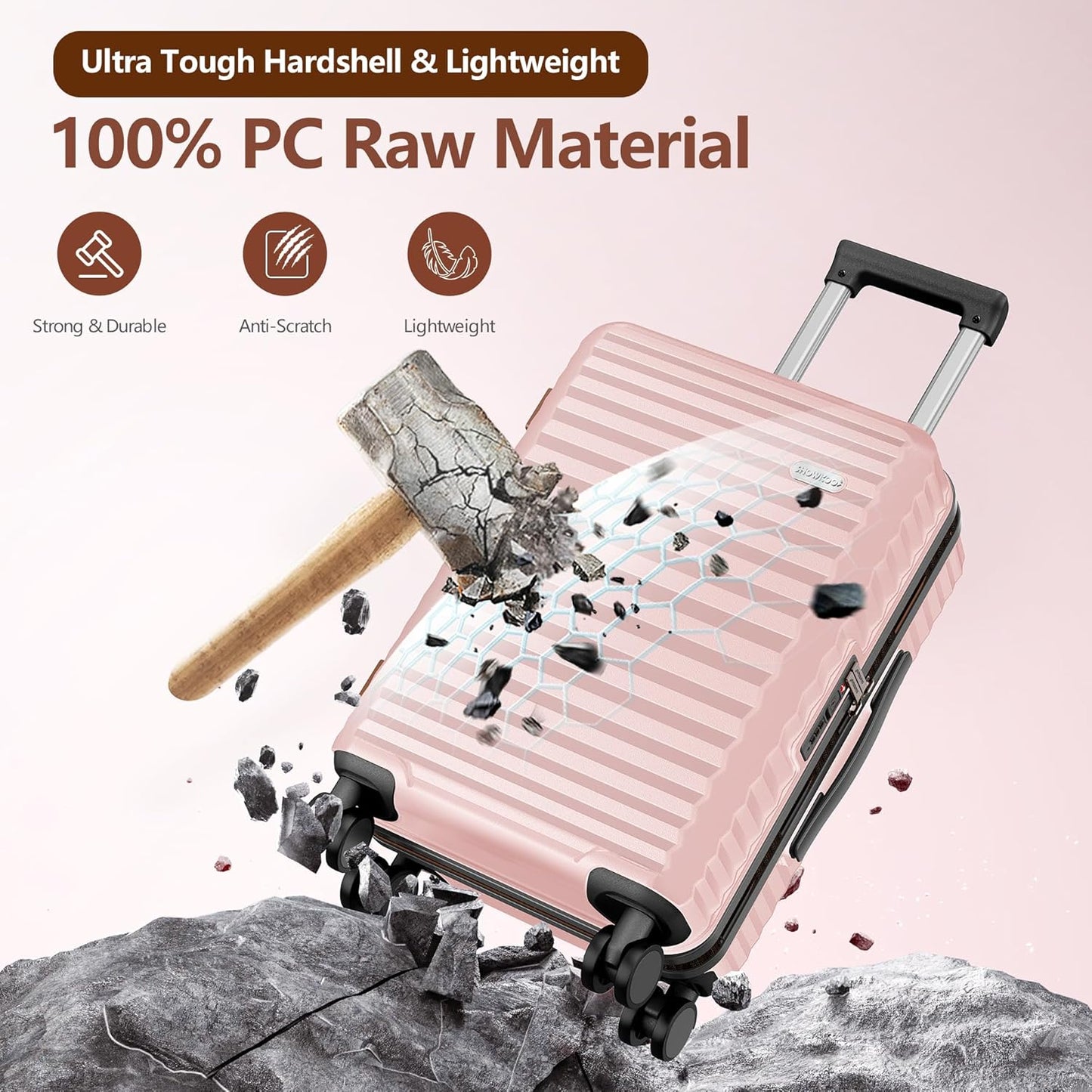 SHOWKOO Luggage Sets 3 Piece Hardside Expandable Suitcase with Double Spinner Wheels Tsa Lock Pink (20in/24in/28in)