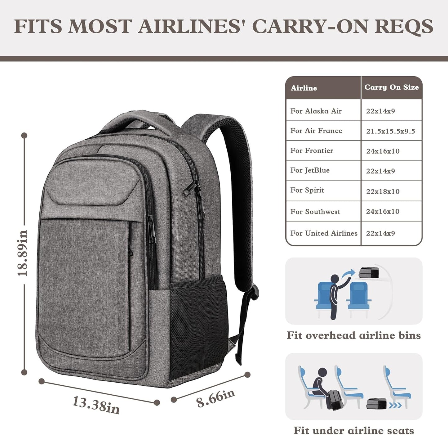 Travel Backpack, Large Travel Backpack, 17 Inch Laptop Bag, Water Resistant Durble Slim Casual Daypack College School Computer Bag Gift for Men & Women Fits 17.3 Inch Notebook, Grey