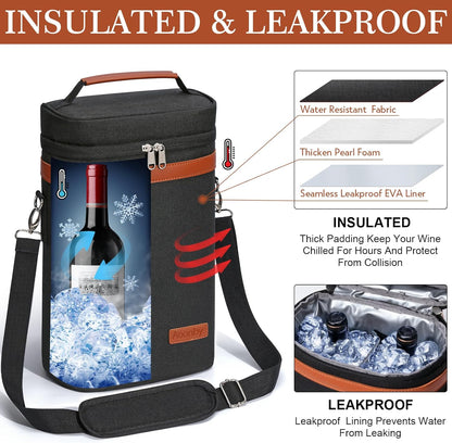 2 Bottle Wine Bag Wine Cooler Carrier Wine Gift Tote Bag, Leakproof & Insulated Bottle Bags for Travel, BYOB, Beach, Dinner, Party, Christmas Gifts for Wines Lovers Women Men - Gray