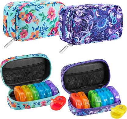 Serfeymi Weekly Travel Pill Organizer 2 Times A Day AM PM Rainbow Pill Box 7 Day with Zipper Canvas Pill Case, Medicine Organizer for Pills, Vitamins, Fish Oils - Green 01+ Purple 01
