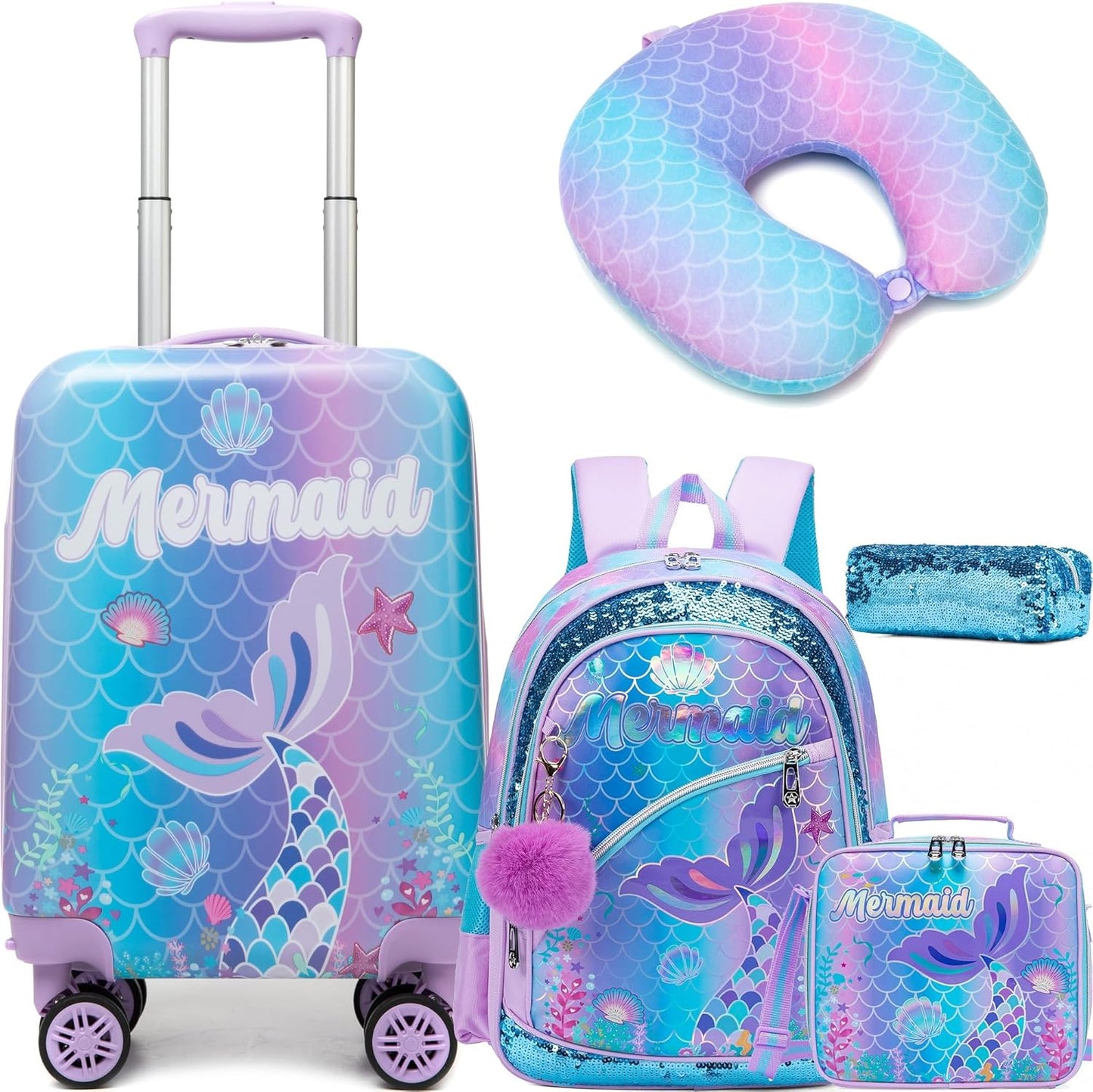 Cute Mermaid Kid’s Luggage Set 5 Piece Suitcase Set 16’’ Hardside Luggage with Spinner Wheels Girls Travel Rolling Luggage Carry on Luggage Airline Approved