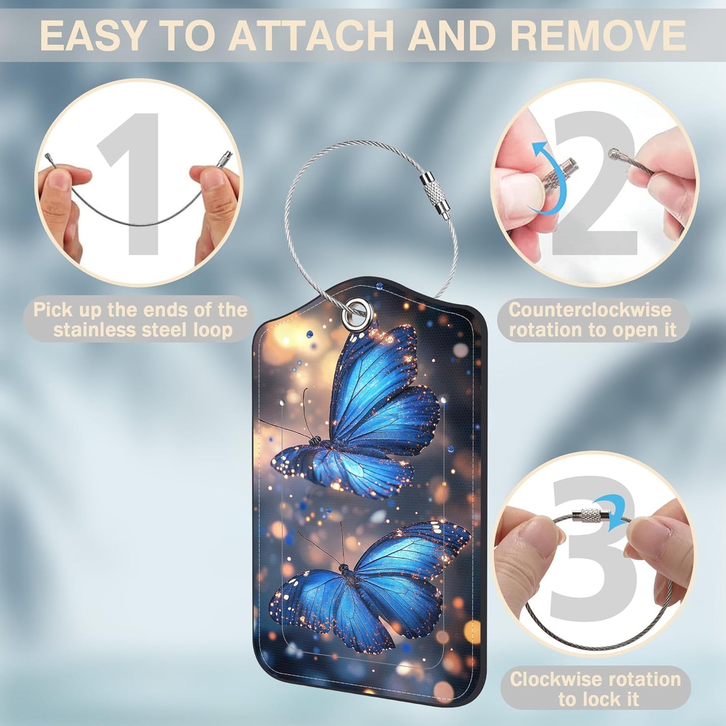2 Pcs Blue Butterfly Luggage Tags for Suitcases PU Leather Baggage Tags Name ID Label with Privacy Cover and Stainless Steel Loop for Men Women Travel Bag Suitcase