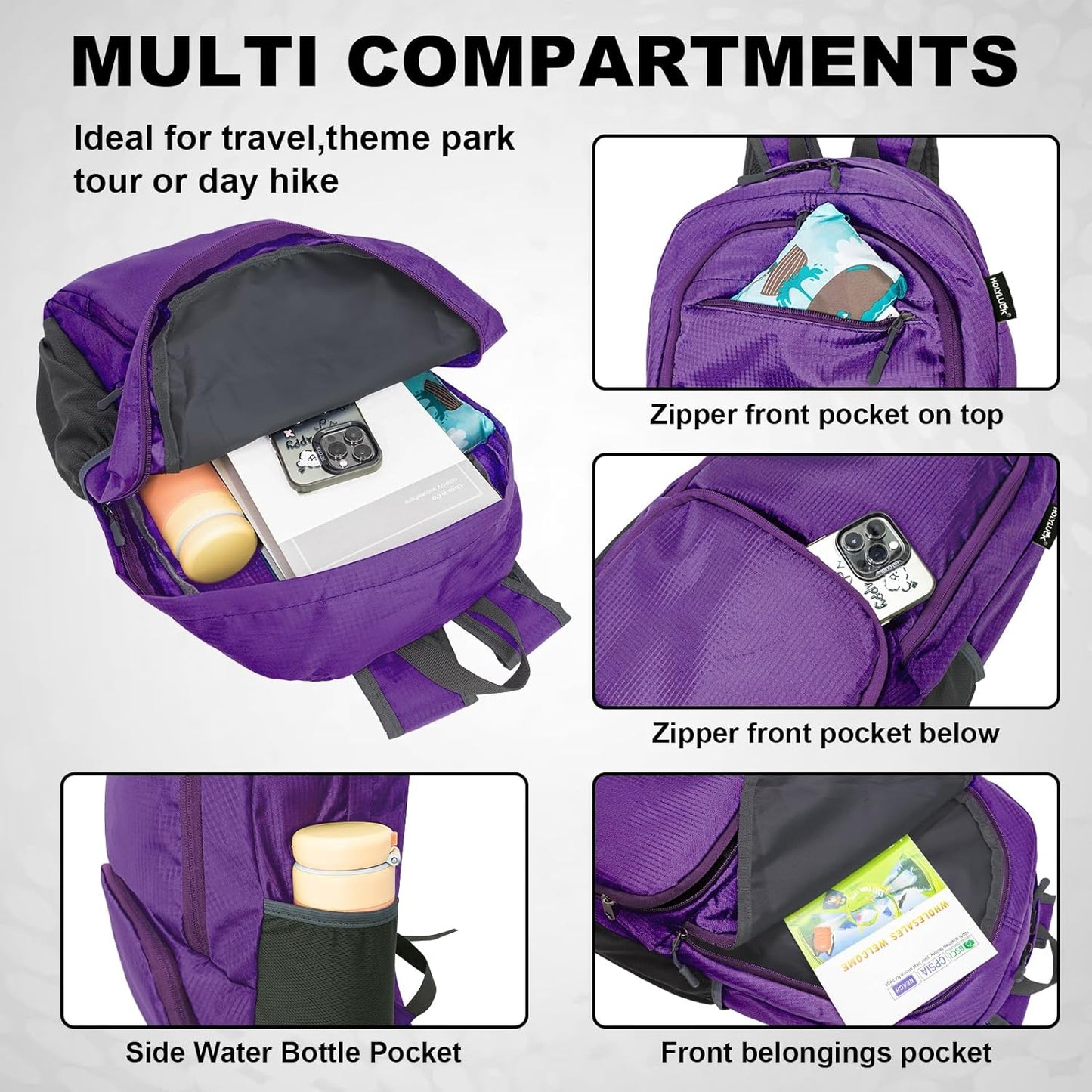 HOLYLUCK 20L lightweight packable Hiking Daypack Foldable Backpack for Men Women Small Travel Outdoor Foldable Shoulder Bag-purple