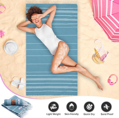 Turkish Beach Towel - 40x71 inch Oversized Sand Resistant Prewashed Turkish Towel - 100% Turkish Cotton Quick Drying, Compact, Lightweight Turkish Towel for Beach, Bath, Pool, Gym, Yoga