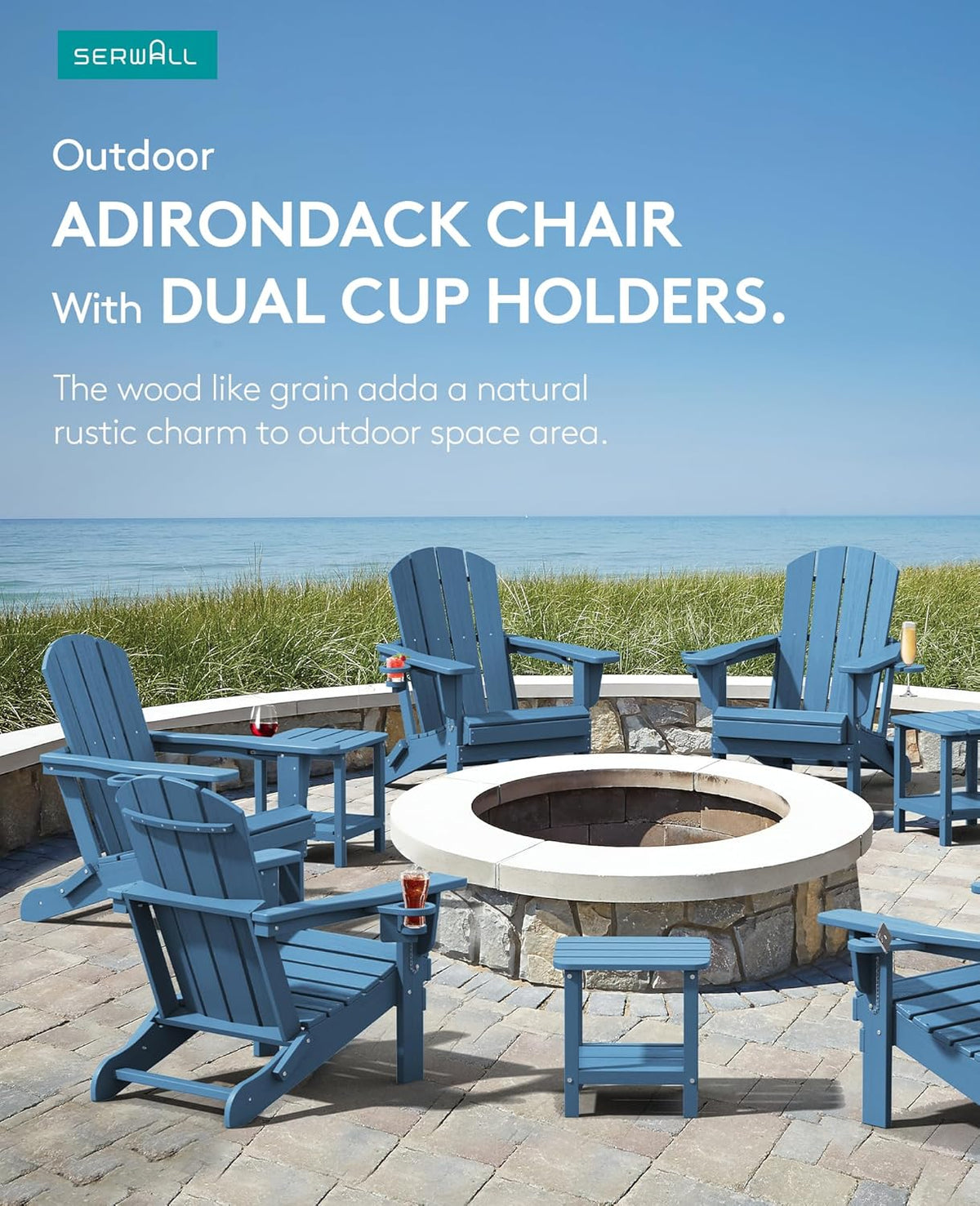 SERWALL Folding Adirondack Chair, HDPE Adirondack Chairs, Plastic Outdoor Chairs- Looks Exactly Like Real Wood- Navy