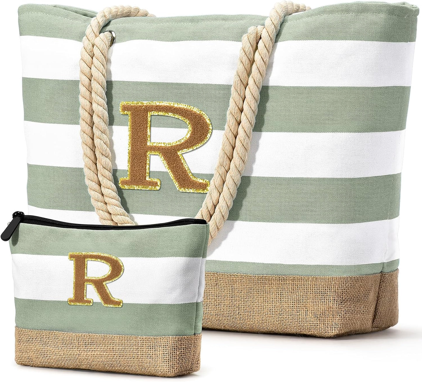 Becokan Beach Bag Initial Beach Tote with Makeup Bag for Travel Work Storage Personalized Birthday Gifts for Women Her