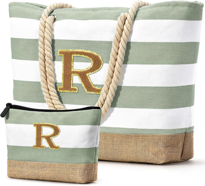 Becokan Beach Bag Initial Beach Tote with Makeup Bag for Travel Work Storage Personalized Birthday Gifts for Women Her