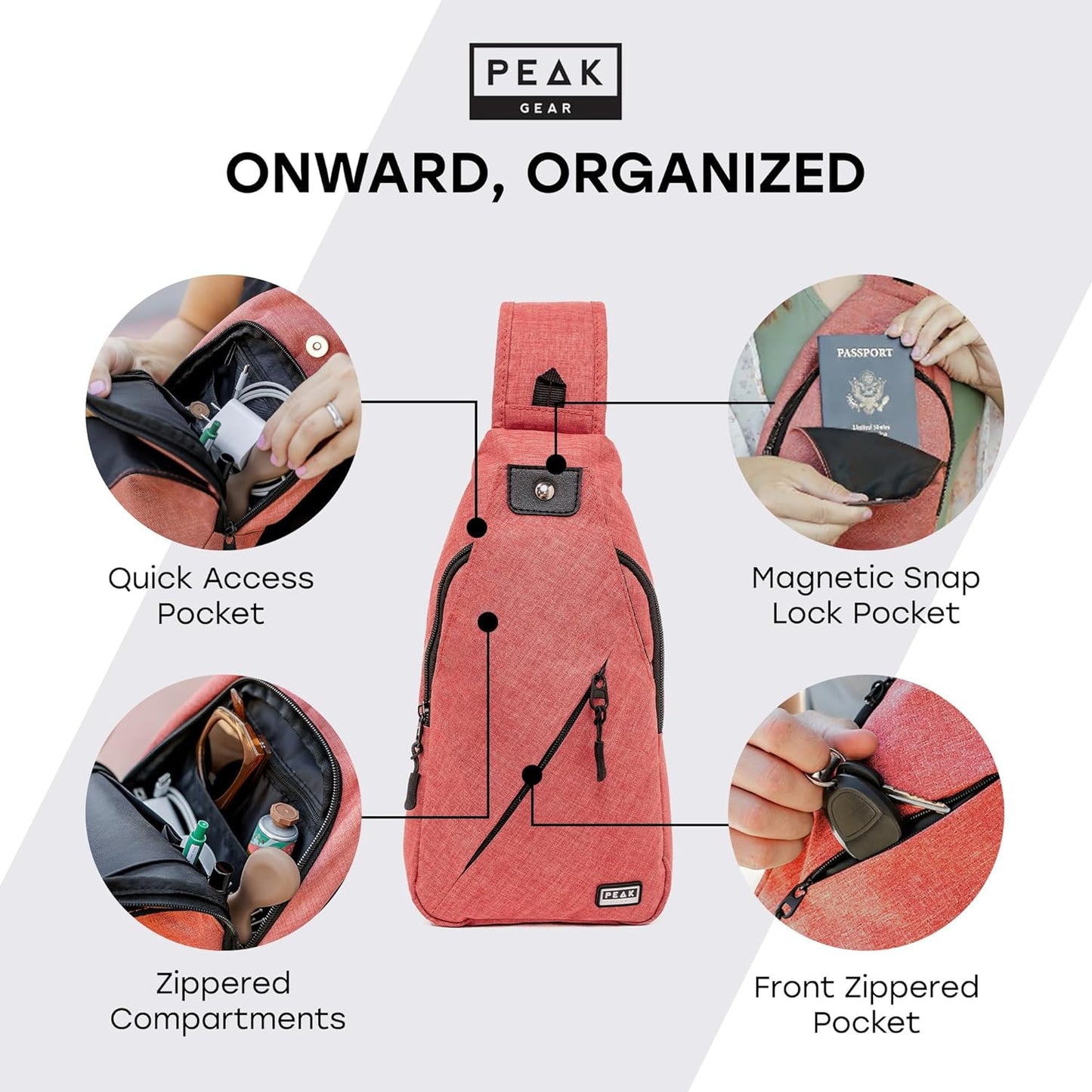Peak Gear Travel Sling Bag. Compact Crossbody Bag | Lighter and Smaller than a Backpack | Lifetime Lost & Found ID Tag