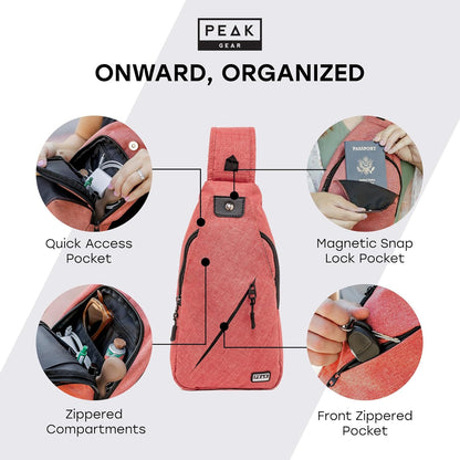 Peak Gear Travel Sling Bag. Compact Crossbody Bag | Lighter and Smaller than a Backpack | Lifetime Lost & Found ID Tag