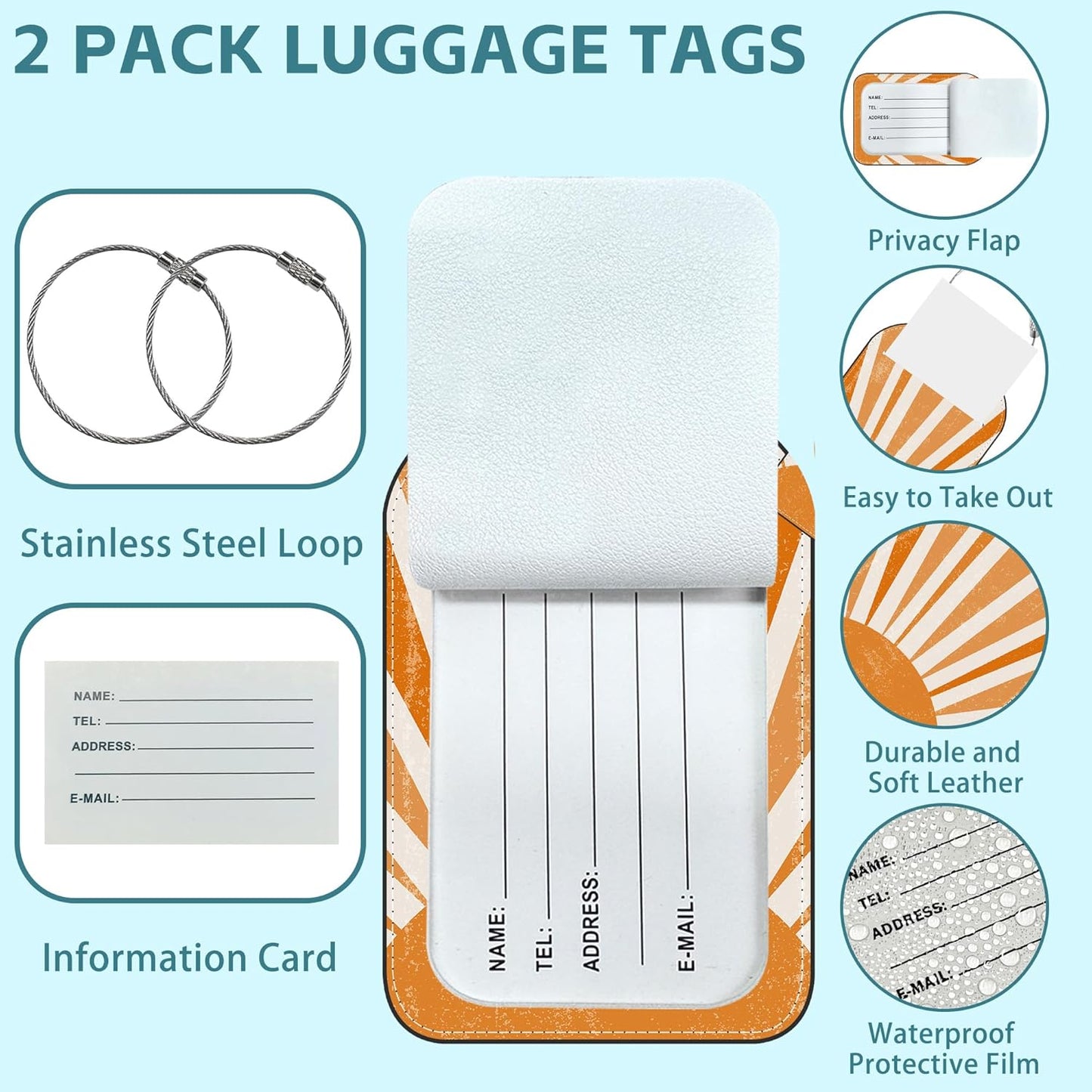 Orange Sun Print Boho Luggage Tag for Suitcase Set of 2 PU Leather Cute Luggage Tags with Stainless Metal Loop ID Label Privacy Flap Suitcase Tags for Women and Men Travel