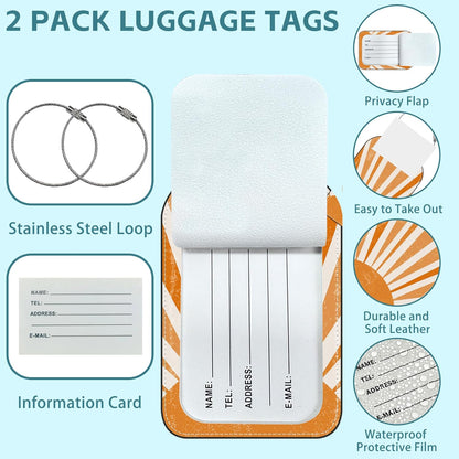 Orange Sun Print Boho Luggage Tag for Suitcase Set of 2 PU Leather Cute Luggage Tags with Stainless Metal Loop ID Label Privacy Flap Suitcase Tags for Women and Men Travel