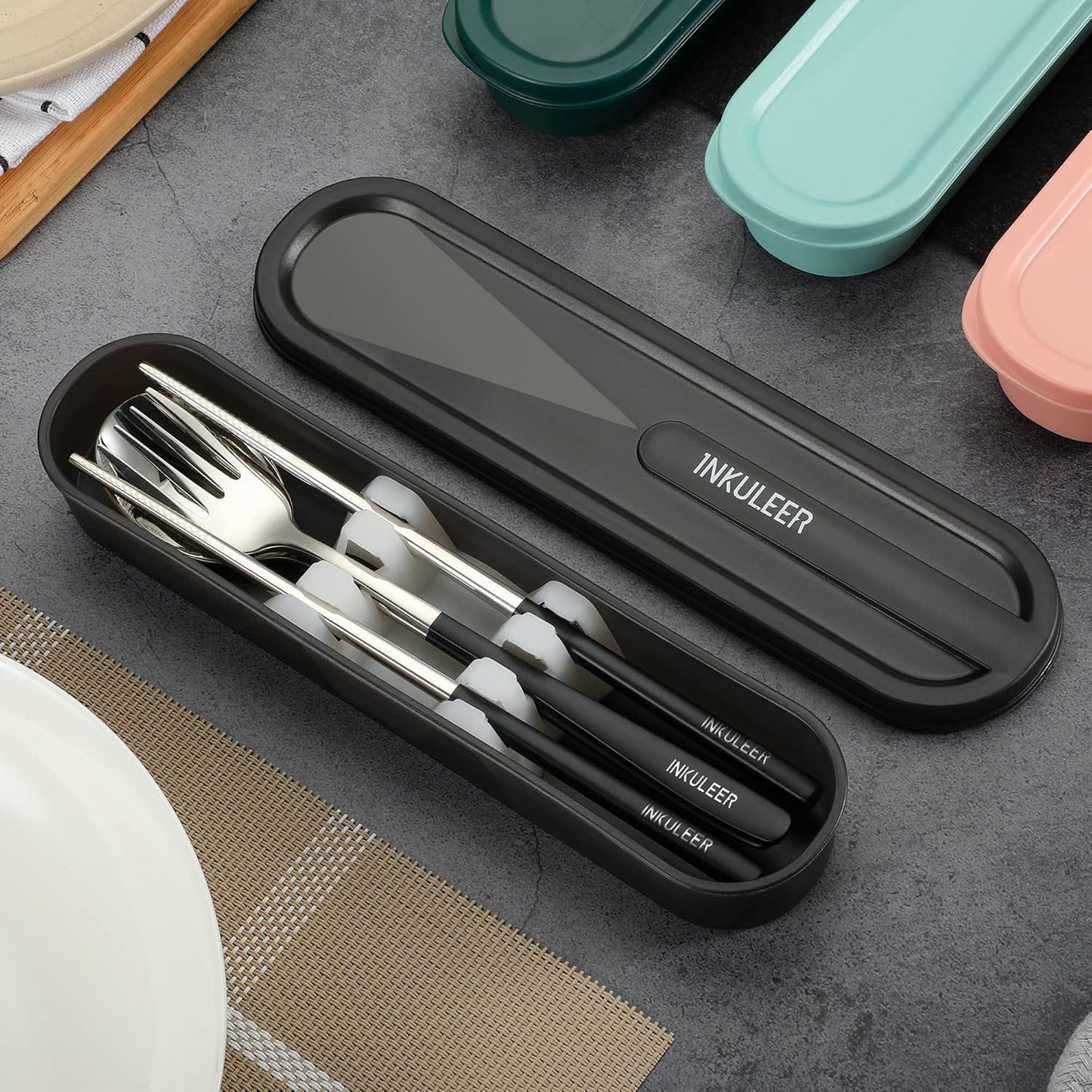 Travel cutlery set, 18/8 stainless steel cutlery, Reusable utensils set with case, Portable Silverware Lunch Box for Camping and Office