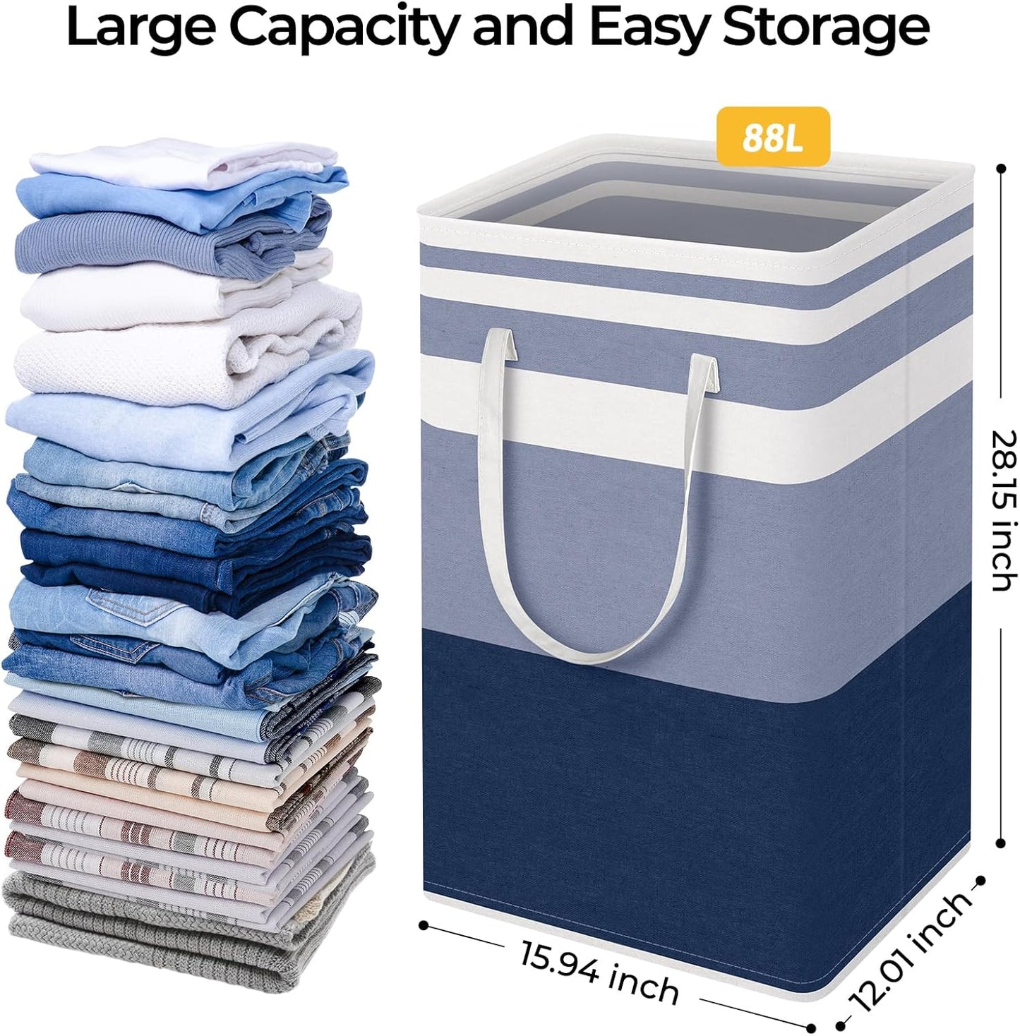 HomeHacks 2-Pack Large Laundry Basket, Waterproof, Freestanding Laundry Hamper, Collapsible Tall Clothes Hamper with Extended Handles for Clothes Toys in the Dorm and Family (Blue, 88L)
