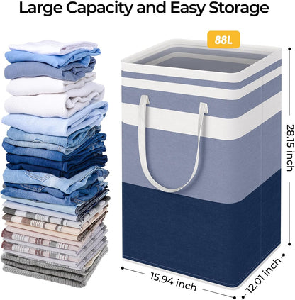 HomeHacks 2-Pack Large Laundry Basket, Waterproof, Freestanding Laundry Hamper, Collapsible Tall Clothes Hamper with Extended Handles for Clothes Toys in the Dorm and Family (Blue, 88L)